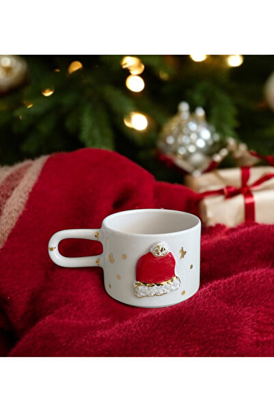 terraco ceramic New Year's Red Hat Embossed Gold Detailed Handmade Ceramic Mug