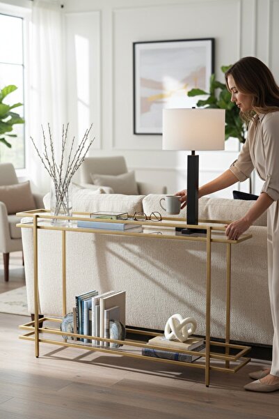TOLIAHOME Gold Renk 2 Katlı Temper Camlı Çerçeveli Konsol Dresuar