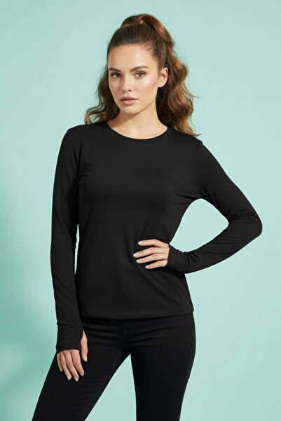 Lunmer Women's Black Modal Cotton Crew Neck Fingerless Bodysuit
