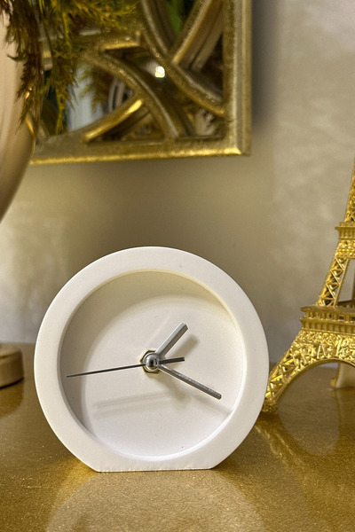 silmogen Dekoratif Masa Saati - Yuvarlak Model - Taş Döküm - Beyaz Renk - Güm...