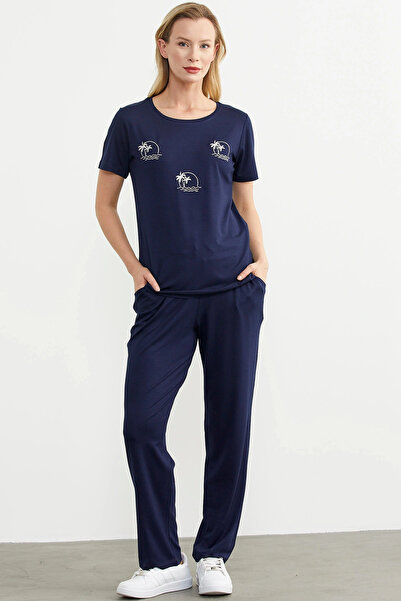 Sementa Σετ βαμβακερό χτενισμένο κεντημένο με παλάμη Navy Blue