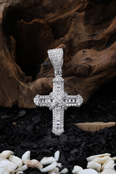 TAYFUN SİLVER 925 Ayar Gümüş Beyaz Taşlı Haç Kolye Ucu Küçük Boy(43mm)