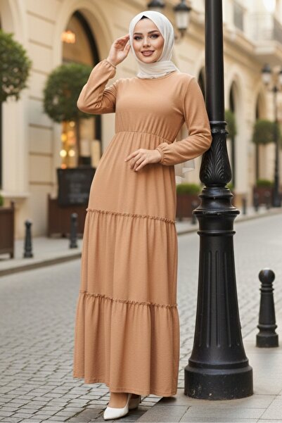 Bestenur Talya Bürümcük Tesettür Elbise 864 - Vizon