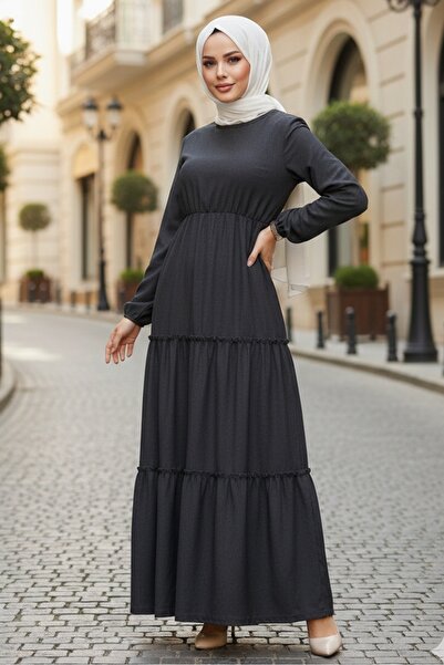 Bestenur Talya Bürümcük Tesettür Elbise 864 - Siyah