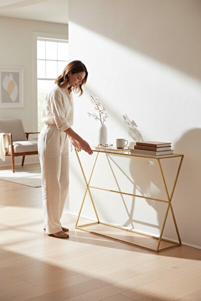 TOLIAHOME Gold Renk Füme Temper Camlı Dresuar Metal Konsol