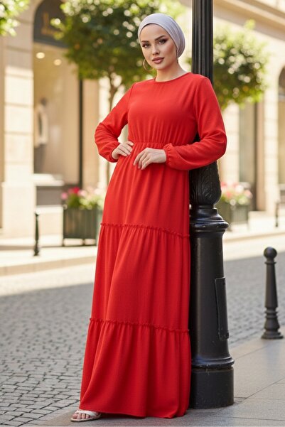 Bestenur Talya Bürümcük Tesettür Elbise 864 - Kırmızı