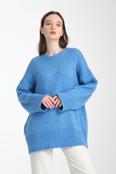 İLKCET MODA Oversize Basic Μπλε Μακρύ Γυναικείο Πουλόβερ