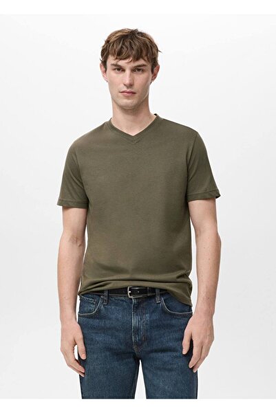 MANGO Man %100 pamuklu dar kesim V yaka tişört