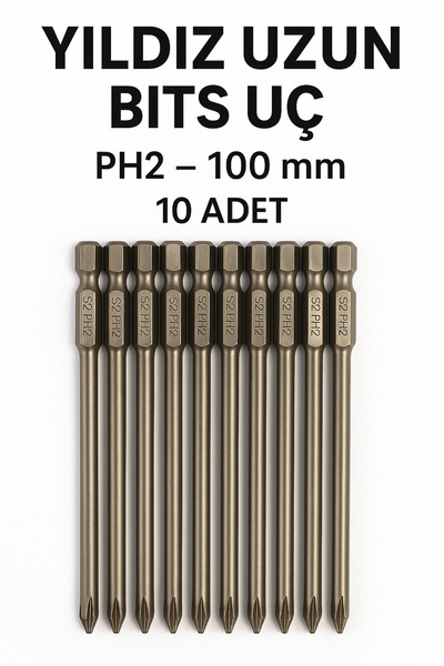 MertTools Yıldız Uzun Bits Uç PH2 100 mm – Vidalama Bits Ucu S2 Çelik 10 Adet