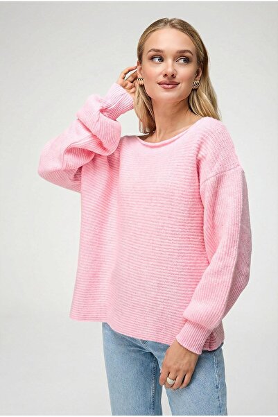 Trendiz Kadın Açık Omuzlu Yün Karışımlı Oversize Kazak Pembe