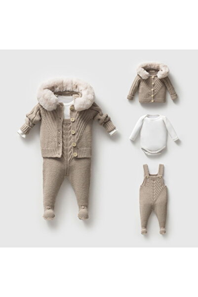 Nipperland 8332N Unisex Bebek Triko Düğmeli Hırkalı 3'lü Naturel Yün Salopet ...