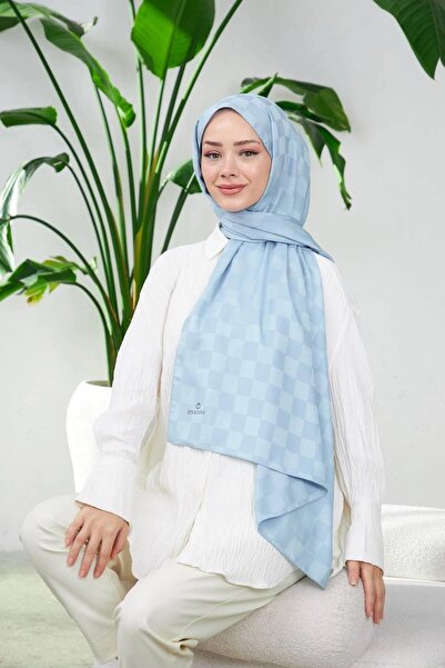 İpekhan Yeni Dama Desen İpeksi Jakar Şal Buz Mavi 9007-05