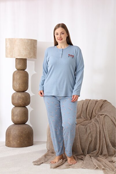 Eyfuze Women's Winter Plus Size Curve Embroidered Patterned Collar Buttoned Long Sleeve Pajama Set