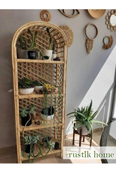 RUSTİKEVDECORART El Yapımı Hasır Banyo Mutfak Balkon Teras Salon Banyo Rafı Kitaplık Çiçeklik 4 Kat Dekoratif Dolap