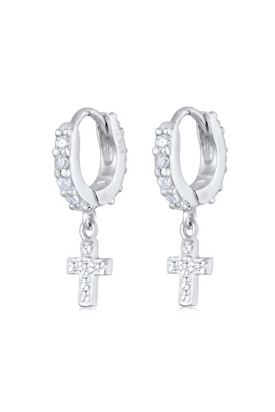 ELLI Ohrringe Damen Creolen Huggie Hoops Kreuzanhänger Trend mit Zirkonia-Kristallen in 925er Sterlingsilber