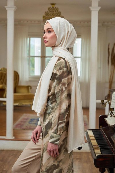 İpekhan Summer Sparkle Collection Silky Jacquard Shawl Beige 9017-09
