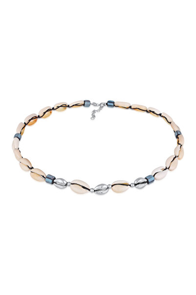 ELLI Colier de damă cu mărgele de sticlă, stil Surfer, cu scoică Kauri, din argint 925