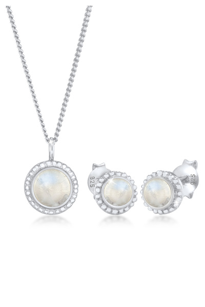 ELLI Schmuckset für Damen: Anhänger-Ohrringe mit runder Blume und Mondstein a...