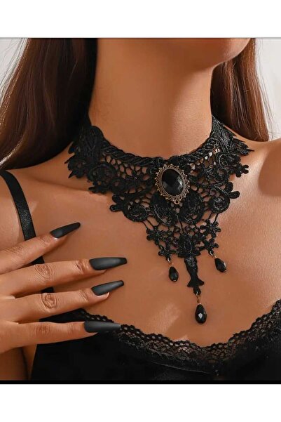 modares Vintage Siyah Dantel Gotik Kolye - Dantel Choker Kolye Ayarlanabilir ...