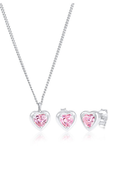 ELLI Schmuckset Kinder Herz-Anhänger-Set Ohrstecker mit Zirkonia rosa in 925er Sterlingsilber