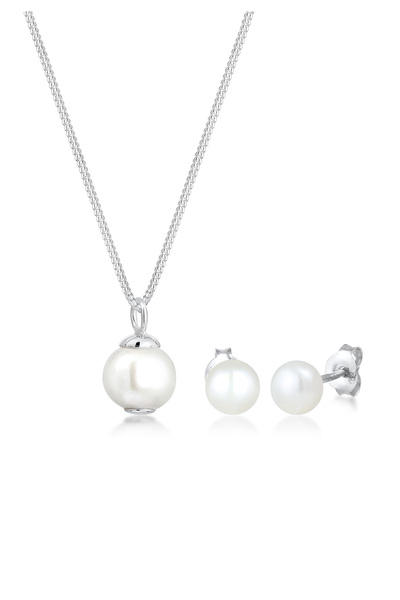 ELLI Schmuckset Damen Klassisches elegantes Set Ohrstecker Elegant mit Süßwasser-Zuchtperle in 925er Silber