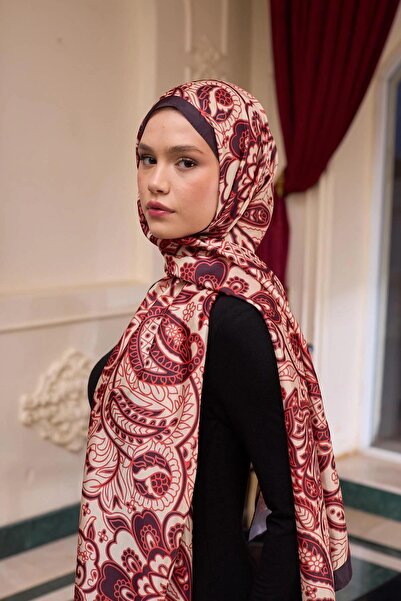 İpekhan Şal din voal de mătase cu model roşu crem - 9803-10