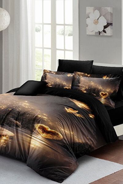 MonoHome Golden Heart Patterned 5D Digital Cotton Satin Duvet Cover Set – Double Size