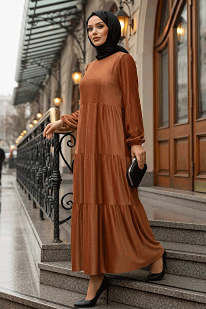 Neva Style Φόρεμα με πλισέ καφέ βελούδο 1286TB