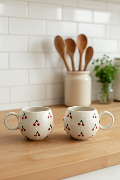 Home Kiraz Kabartmalı 2'li El Yapımı Seramik Kupa Mug Fincan