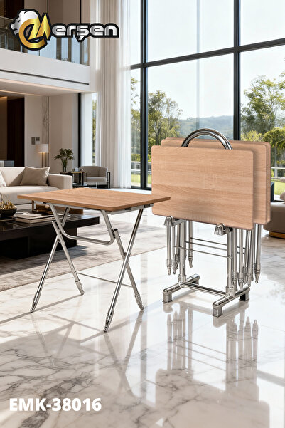 Erşen Sehpa Eranş Serisi 4'lü Katlanır MDF Mebran Atlantik Çam Desen Çanta Zigon Sehpa Krom Ayak