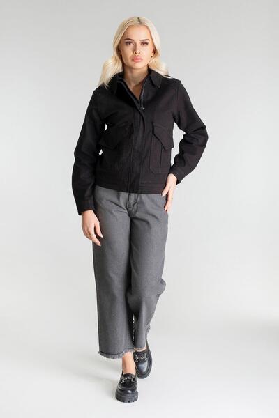 Bold & Young سترة نسائية من القطن قماش قابل للتمدد مصنوعة من القماش مع جيب بغطاء بسحاب باللون الأسود