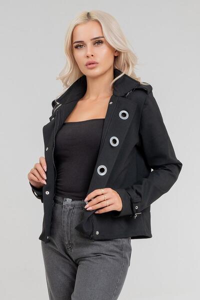 Bold & Young سترة نسائية من قماش الليكرا والبوليستر الفسكوزي بأكمام طويلة مع إكسسوارات على شكل عين الطائر وجيب سريع