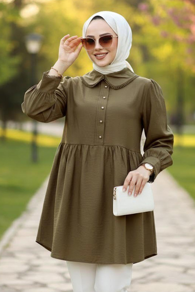 Neva Style Baby Collar Khaki Hijab Tunic 40691Hk