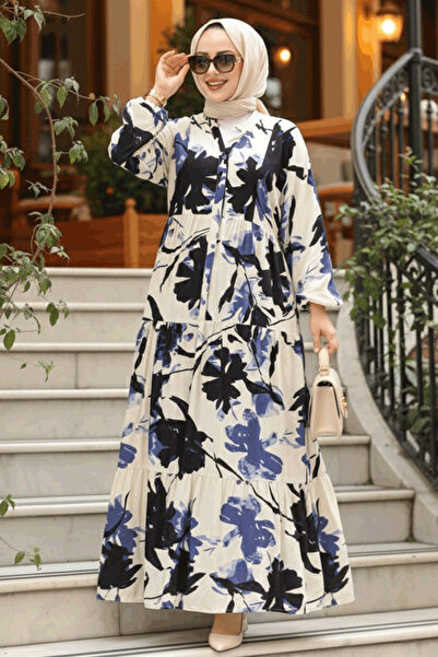 N.S NEVA STYLE فستان حجاب أزرق نيلي منقوش 24061IM