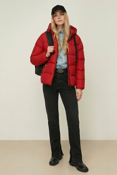 QAWWA Women's Red Hooded Fiber Windproof Puffer Winter Jacket