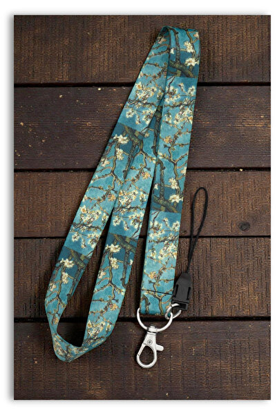 Mia Aurora حبل تعليق للهاتف بتصميم زهرة اللوز ذات الطابع الفني مع خلفية زرقاء