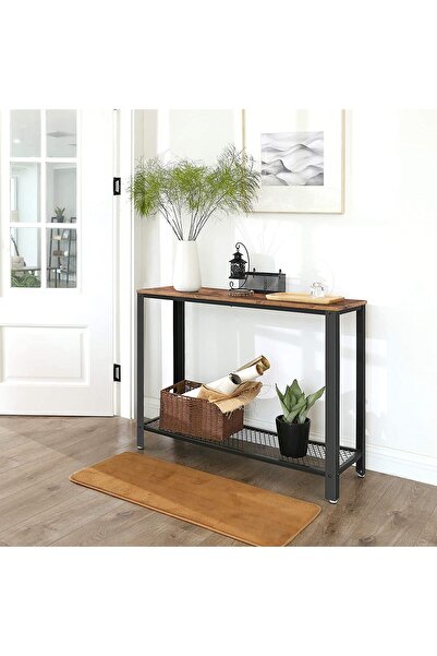 Enjoylifeme طاولة كونسول 39 بوصة، طاولة مدخل ضيقة ذات طبقتين، طاولة أريكة مع أرفف شبكية مع مساحة تخزين، بني