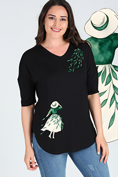 Curvy Trend Büyük Beden Kız ve Yapraklar Baskılı Yarım Kol Yan Yırtmaç Bluz