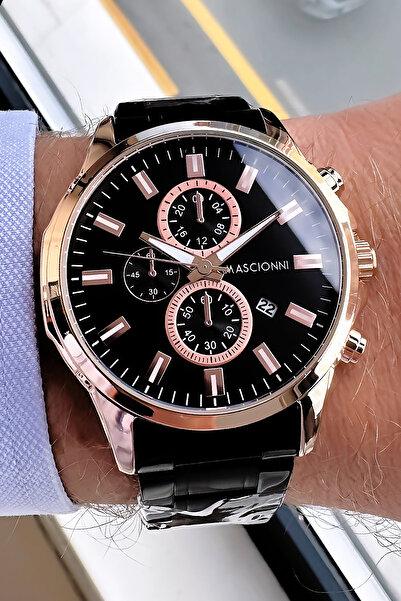 mascionni ساعة يد رجالية 3 أتم مقاومة للماء لون أسود سوار ستيل + حجر طبيعي