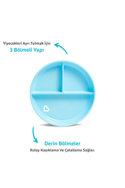 Munchkin Sabit Vakumlu Beslenme Tabağı | 6 Ay+, 3 Bölmeli, BPA İçermez, Mavi– 1 Adet