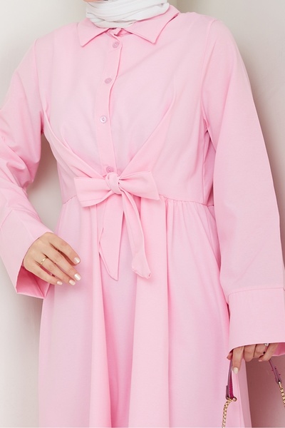 Bestenur Renda Belden Bağlamalı Elbise 1467 - Pudra