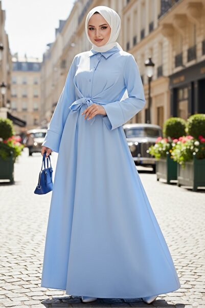 Bestenur Renda Belden Bağlamalı Elbise 1467 - Bebe Mavisi