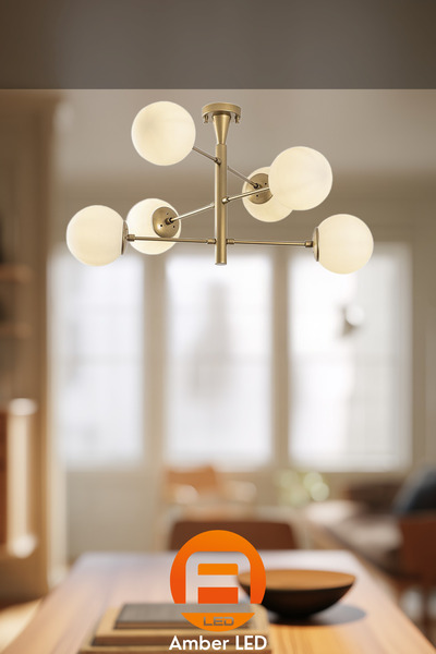 AmberLED Modern Camlı 6'lı Avize Parlak Gold Yatak Odası ve Oturma Odası İçin...