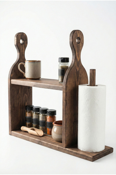 Bel&Co Home Masif Ahşap Tezgah Üstü Mutfak Rafı ve Kağıt Havluluk - Baharatlık Standı, Kahve Köşesi Düzenleyici