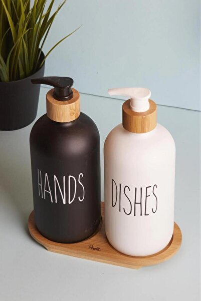 Perotti طقم موزع صابون المطبخ المكون من قطعتين باللونين الأسود والأبيض - 500 مل مع صينية من الخيزران