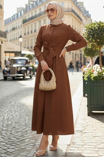 Bestenur Renda Belden Bağlamalı Elbise 1467 - Acı Kahve