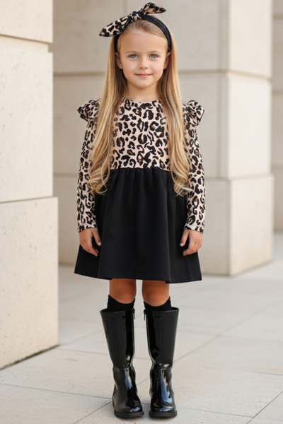 Parla Kids Dívčí leopardí vzorované šátkové šaty s dlouhým rukávem