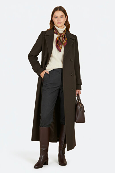 Soydan Güner Kruvaze Kuşaklı Dökümlü Uzun Kaban Kahve 6630