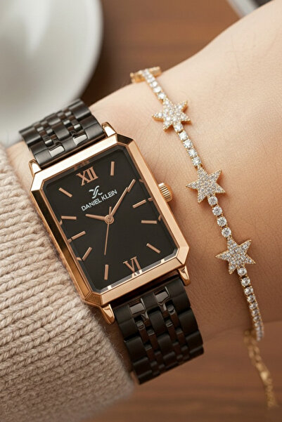 Daniel Klein Kadın Dikdörtgen Rose Kasa Vintage Model Siyah Bileklik Hediye Metal Kordon Kol Saati