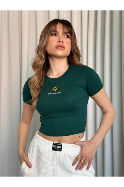 Zerenyus Top/Bluză crop slim fit, verde smarald, cu mâneci scurte, cu decolte...